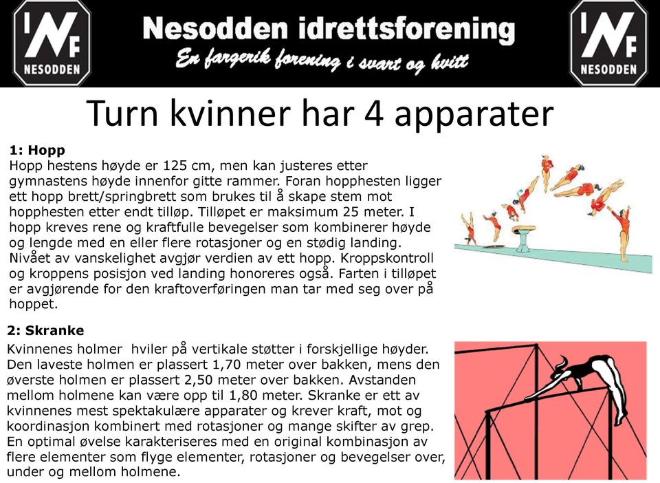 I hopp kreves rene og kraftfulle bevegelser som kombinerer høyde og lengde med en eller flere rotasjoner og en stødig landing. Nivået av vanskelighet avgjør verdien av ett hopp.