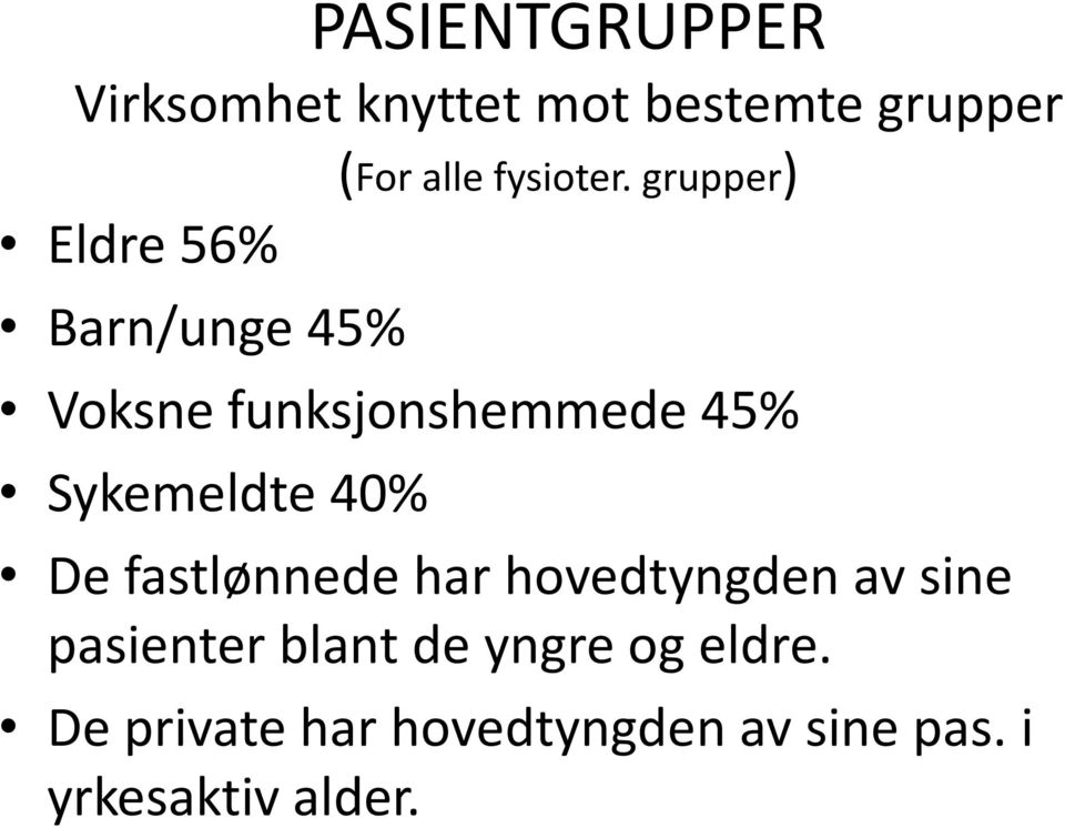 grupper) Eldre 56% Barn/unge 45% Voksne funksjonshemmede 45% Sykemeldte