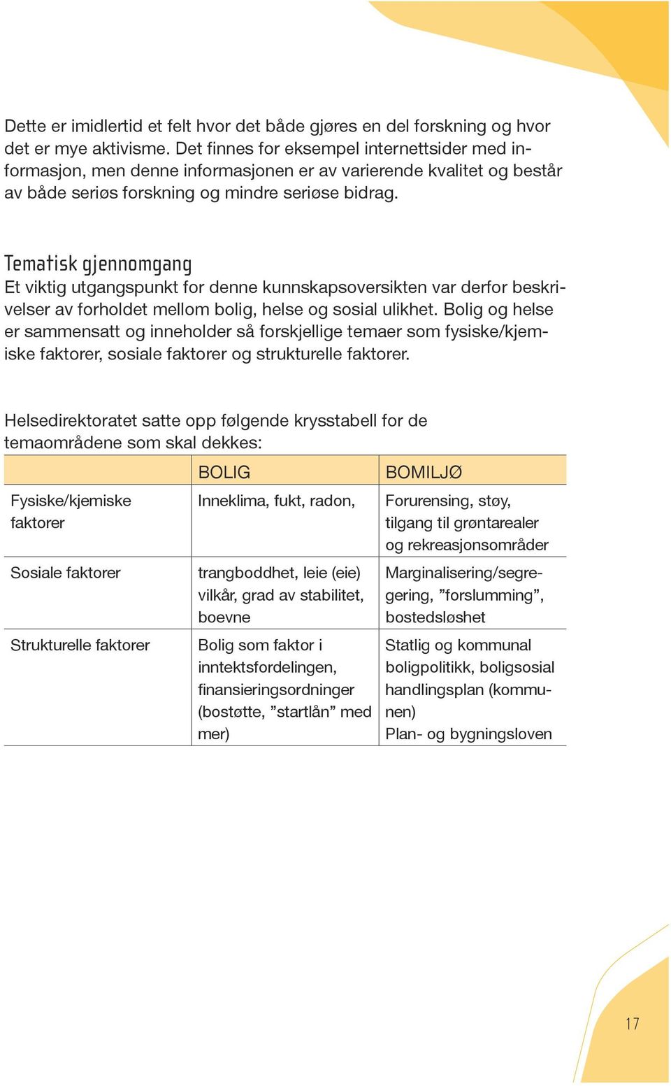 Tematisk gjennomgang Et viktig utgangspunkt for denne kunnskapsoversikten var derfor beskrivelser av forholdet mellom bolig, helse og sosial ulikhet.