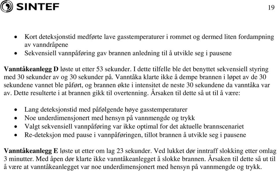 Vanntåka klarte ikke å dempe brannen i løpet av de 30 sekundene vannet ble påført, og brannen økte i intensitet de neste 30 sekundene da vanntåka var av.