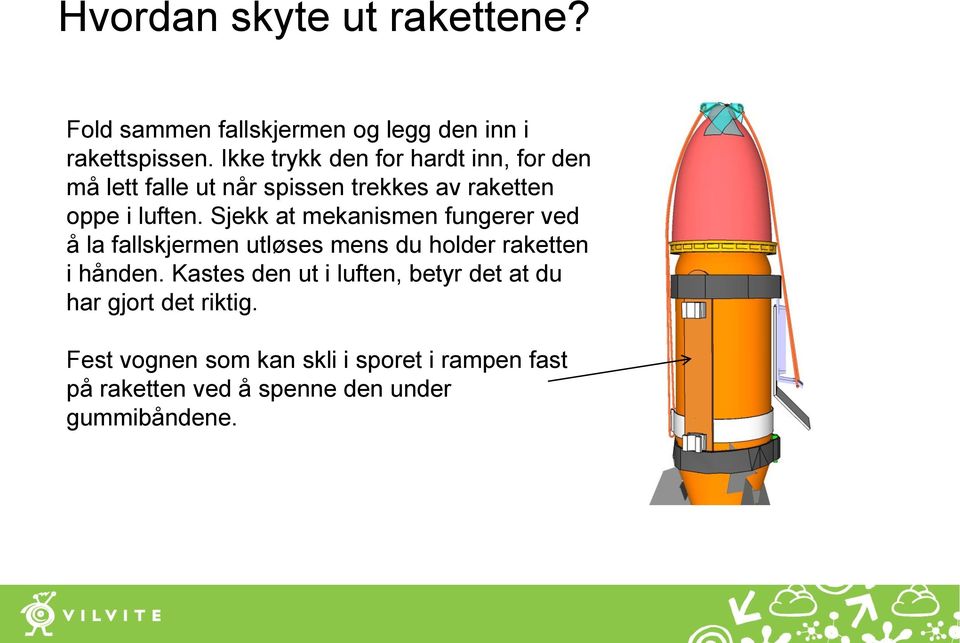 Sjekk at mekanismen fungerer ved å la fallskjermen utløses mens du holder raketten i hånden.