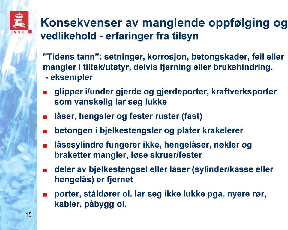 - eksempler glipper i/under gjerde og gjerdeporter, kraftverksporter som vanskelig lar seg lukke låser, hengsler og fester ruster (fast) betongen i