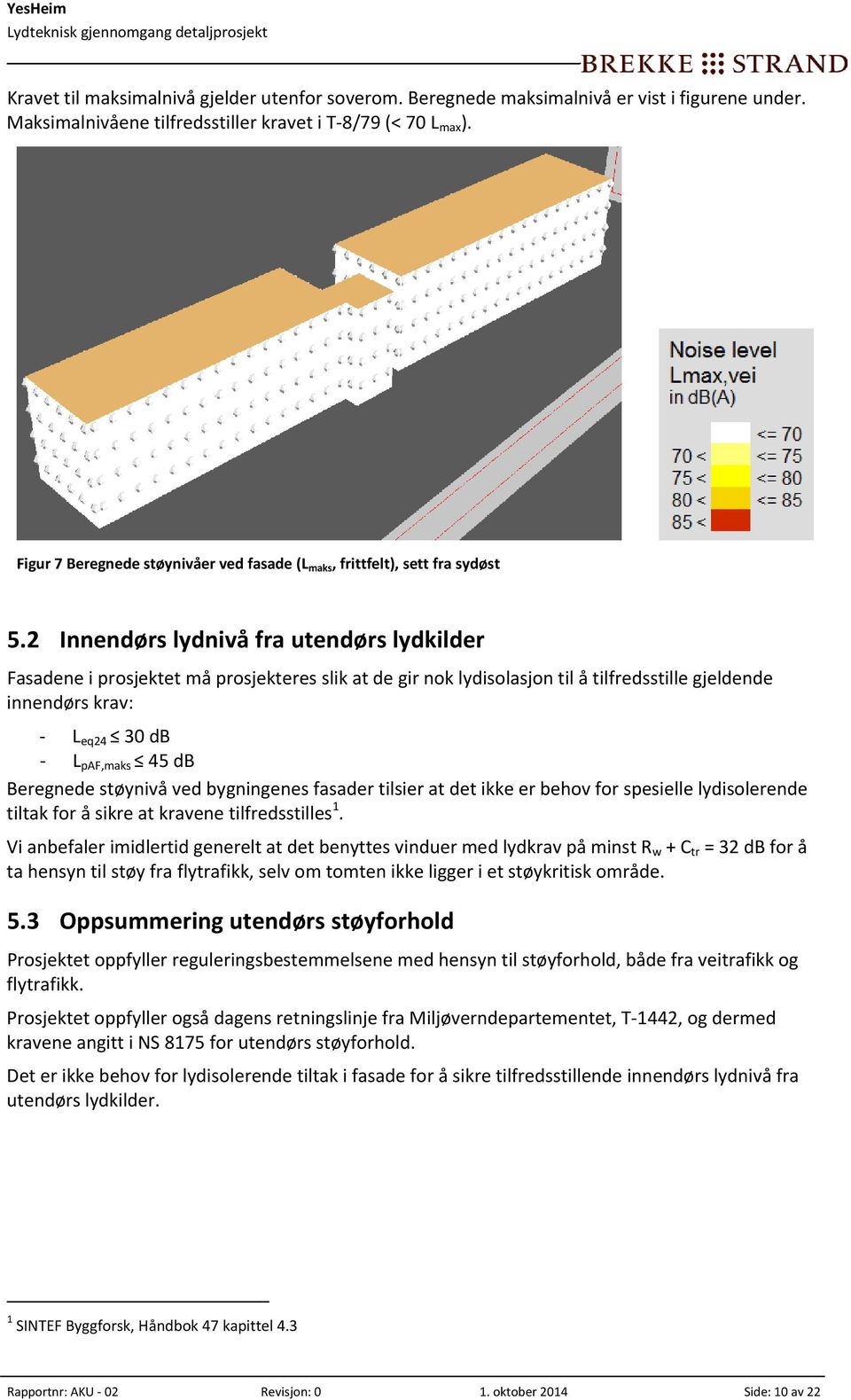 2 Innendørs lydnivå fra utendørs lydkilder Fasadene i prosjektet må prosjekteres slik at de gir nok lydisolasjon til å tilfredsstille gjeldende innendørs krav: L eq24 30 db L paf,maks 45 db Beregnede