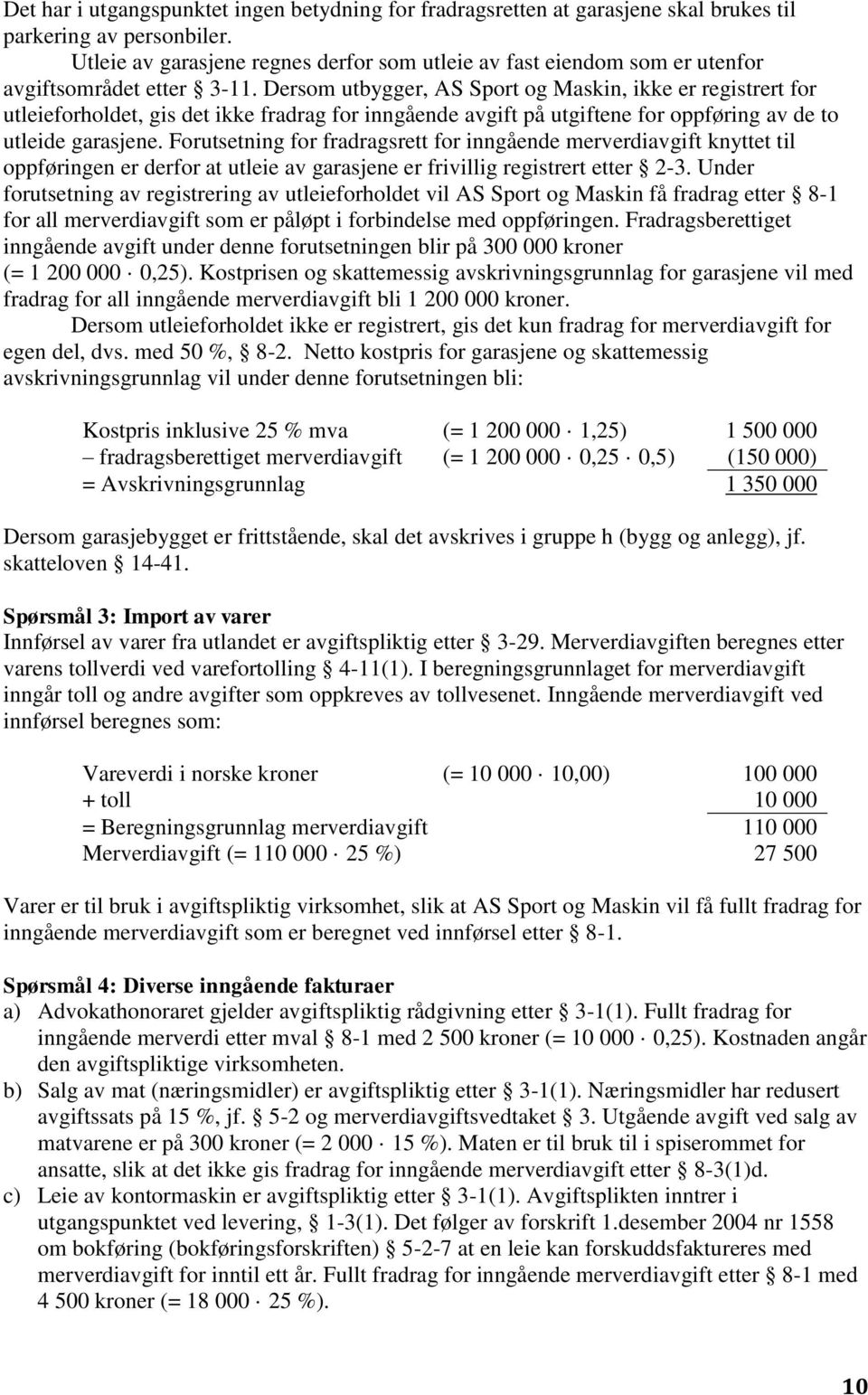 Dersom utbygger, AS Sport og Maskin, ikke er registrert for utleieforholdet, gis det ikke fradrag for inngående avgift på utgiftene for oppføring av de to utleide garasjene.