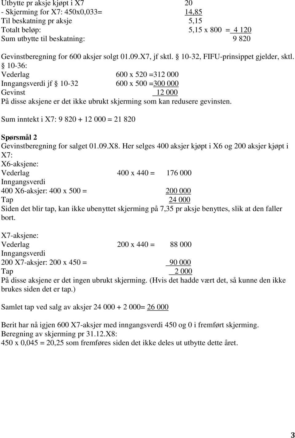 10-36: Vederlag 600 x 520 =312 000 Inngangsverdi jf 10-32 600 x 500 =300 000 Gevinst 12 000 På disse aksjene er det ikke ubrukt skjerming som kan redusere gevinsten.