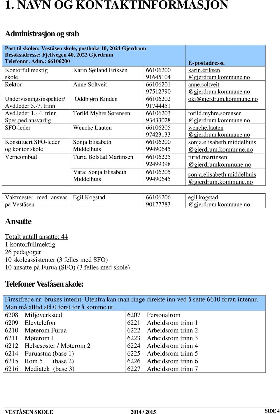 ansvarlig 93433028 SFO-leder Wenche Lauten 66106205 97423133 Konstituert SFO-leder Sonja Elisabeth 66106200 og kontor skole Middelhuis 99490645 Verneombud Turid Bølstad Martinsen 66106225 92499398