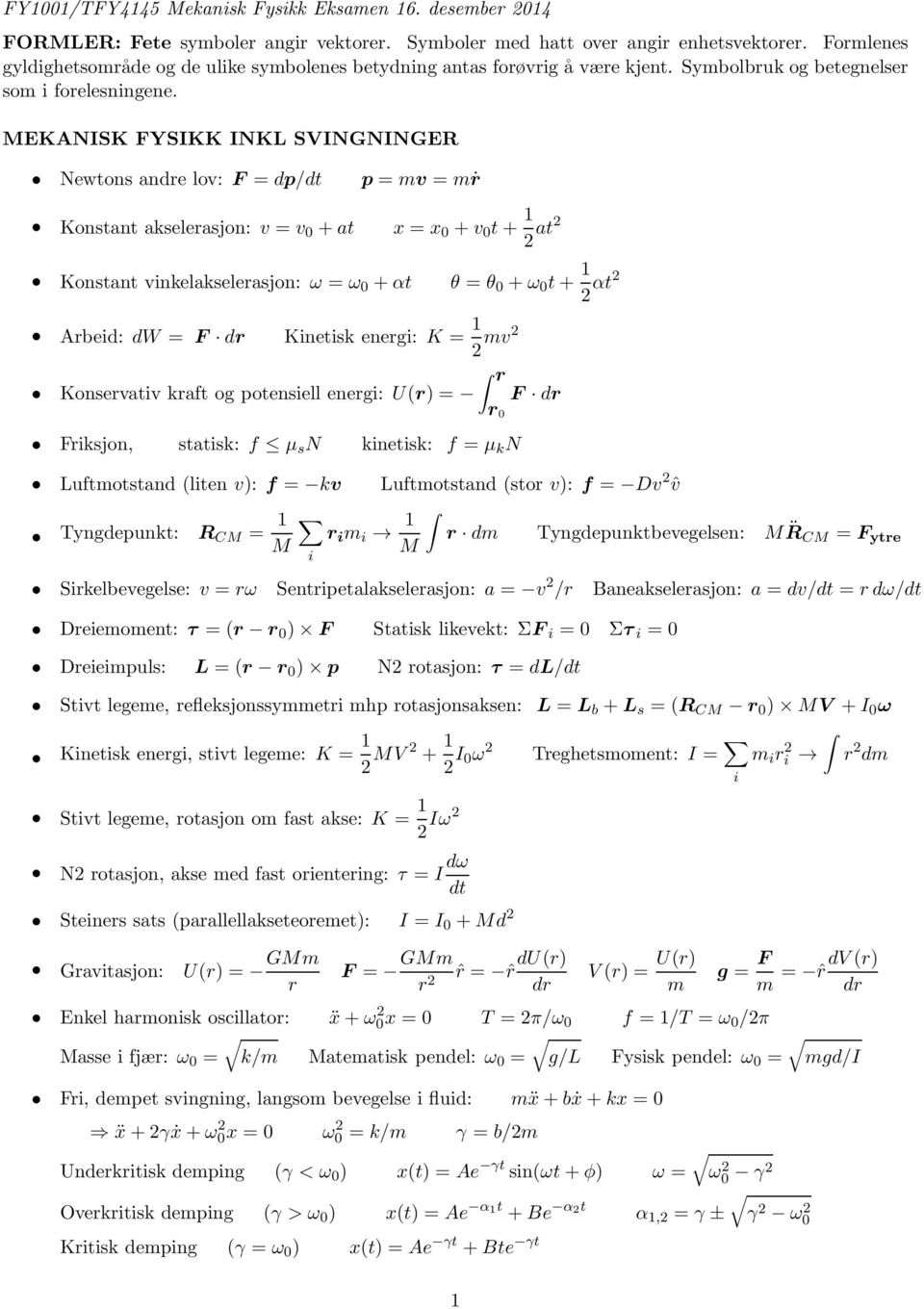 MEKANISK FYSIKK INKL SVINGNINGER Newtons andre lov: F = dp/dt Konstant akselerasjon: v = v 0 +at p = mv = mṙ x = x 0 +v 0 t+ 1 2 at2 Konstant vinkelakselerasjon: ω = ω 0 +αt θ = θ 0 +ω 0 t+ 1 2 αt2