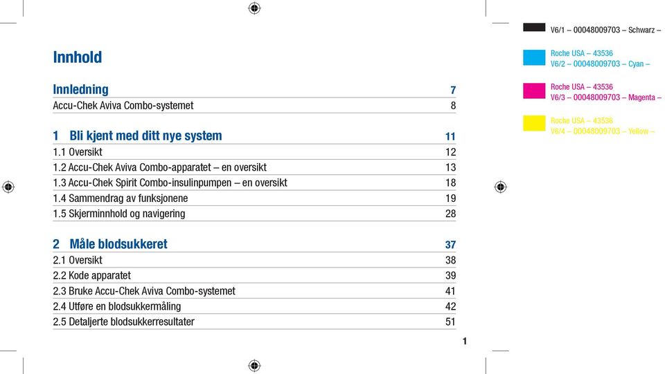 5 Skjerminnhold og navigering 28 Roche USA 43536 V6/2 00048009703 Cyan Roche USA 43536 V6/3 00048009703 Magenta Roche USA 43536 V6/4 00048009703 Yellow 2