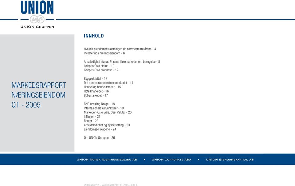 eiendomsmarkedet - 14 Handel og handelssteder - 15 Hotellmarkedet - 16 Boligmarkedet - 17 BNP utvikling Norge - 18 Internasjonale konjunkturer - 19 Markeder (Oslo Børs, Olje,