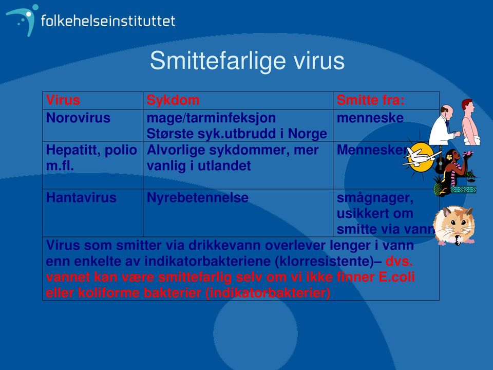 vanlig i utlandet Hantavirus Nyrebetennelse smågnager, usikkert om smitte via vann Virus som smitter via drikkevann