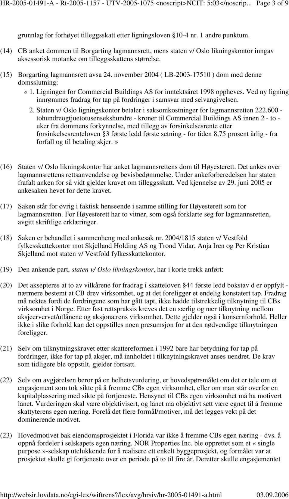 november 2004 ( LB-2003-17510 ) dom med denne domsslutning: «1. Ligningen for Commercial Buildings AS for inntektsåret 1998 oppheves.