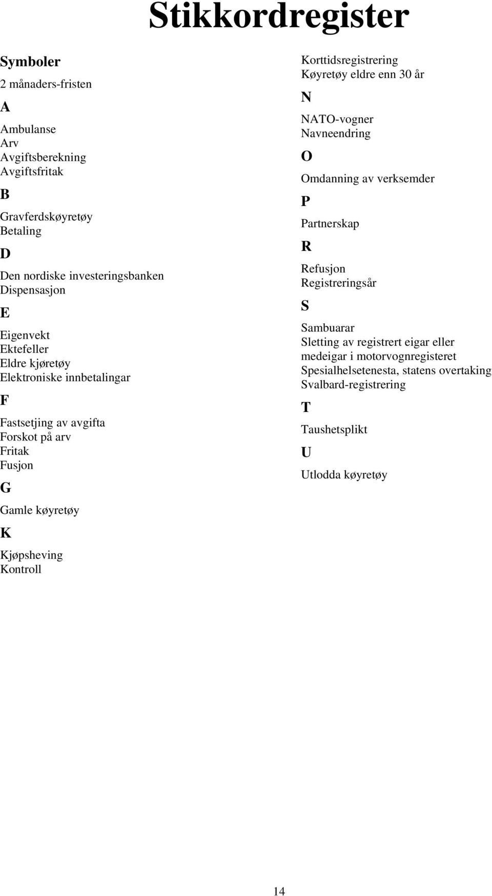 Kjøpsheving Kontroll Korttidsregistrering Køyretøy eldre enn 30 år N NATO-vogner Navneendring O Omdanning av verksemder P Partnerskap R Refusjon Registreringsår