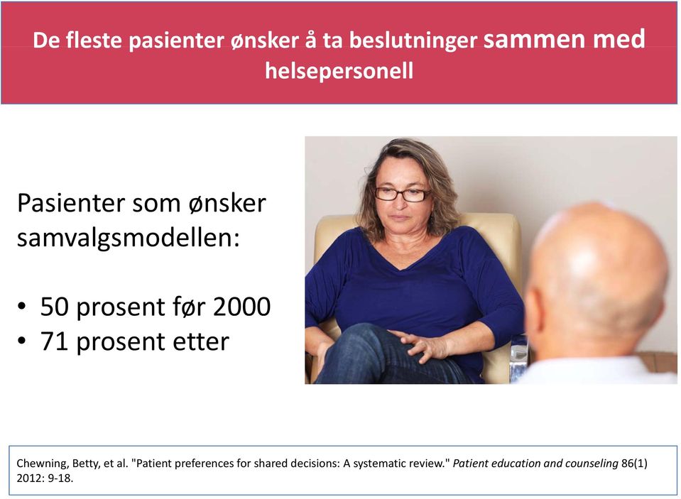 shared decisions: A systematic review " Patient education and counseling 86(1) Chewning, Betty, et al.
