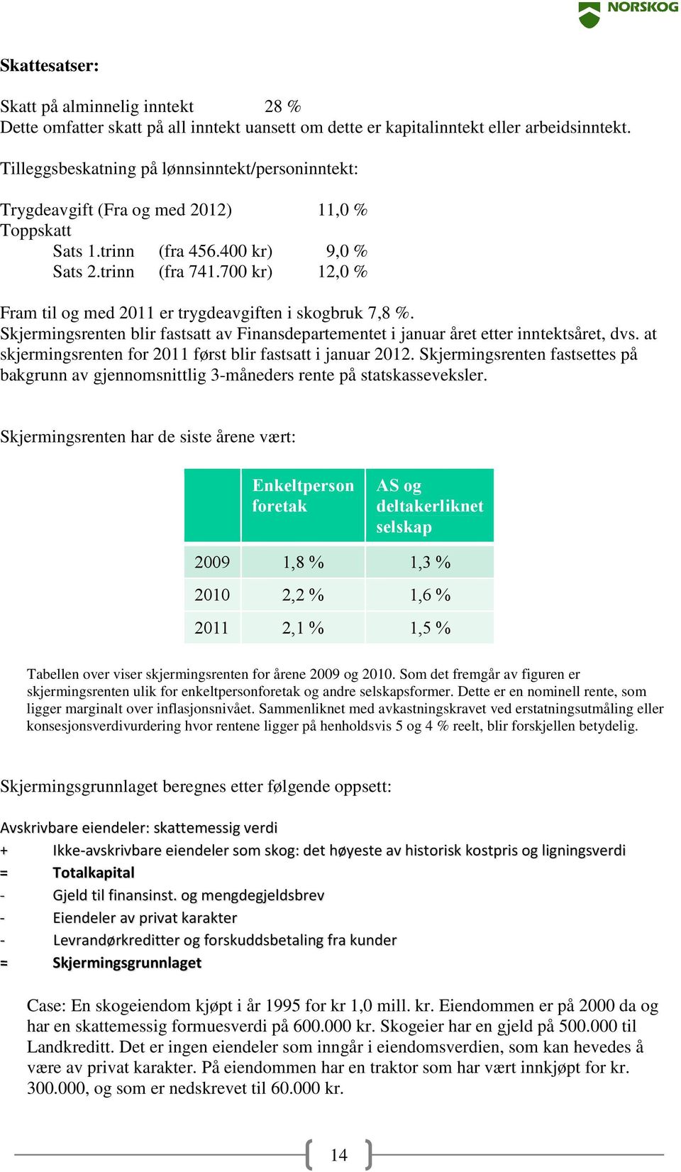 700 kr) 12,0 % Fram til og med 2011 er trygdeavgiften i skogbruk 7,8 %. Skjermingsrenten blir fastsatt av Finansdepartementet i januar året etter inntektsåret, dvs.