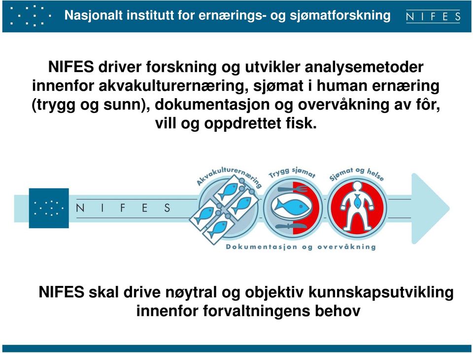 (trygg og sunn), dokumentasjon og overvåkning av fôr, vill og oppdrettet fisk.