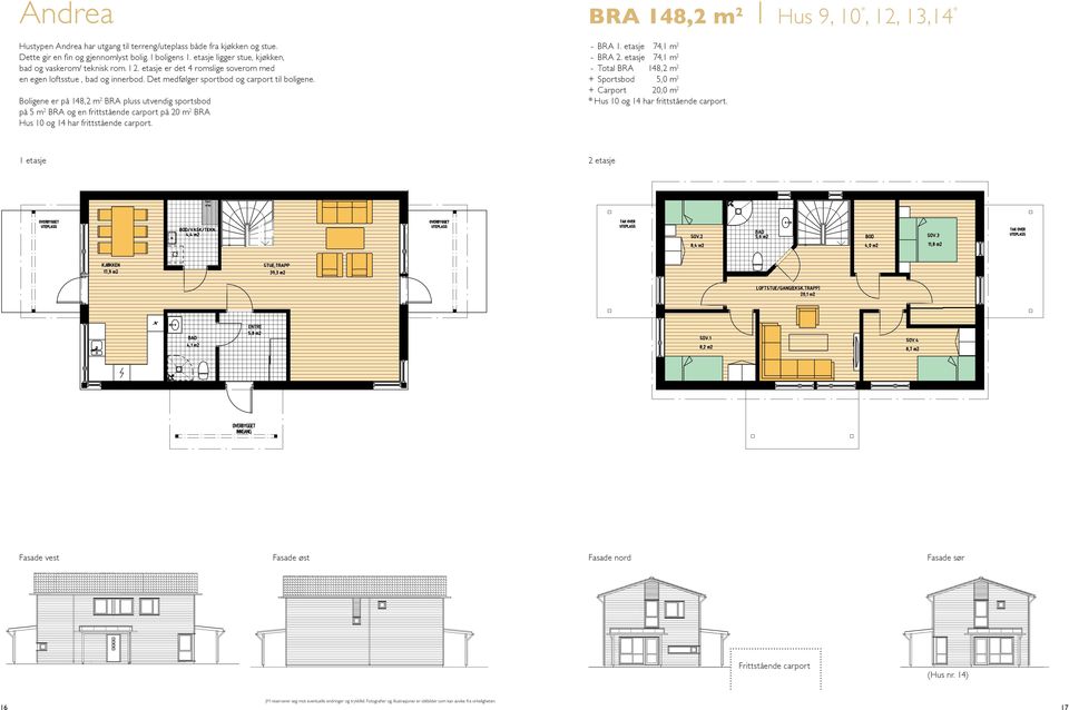 Boligene er på 148,2 m 2 BRA pluss utvendig sportsbod på 5 m 2 BRA og en frittstående carport på 20 m 2 BRA Hus 10 og 14 har frittstående carport.