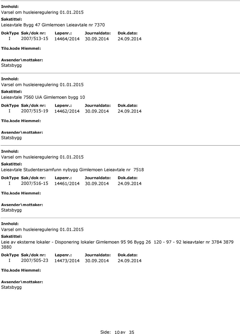 2014 Statsbygg Varsel om husleieregulering 01.01.2015 Leieavtale Studentersamfunn nybygg Gimlemoen Leieavtale nr 7518 2007/516-15 14461/2014 24.09.