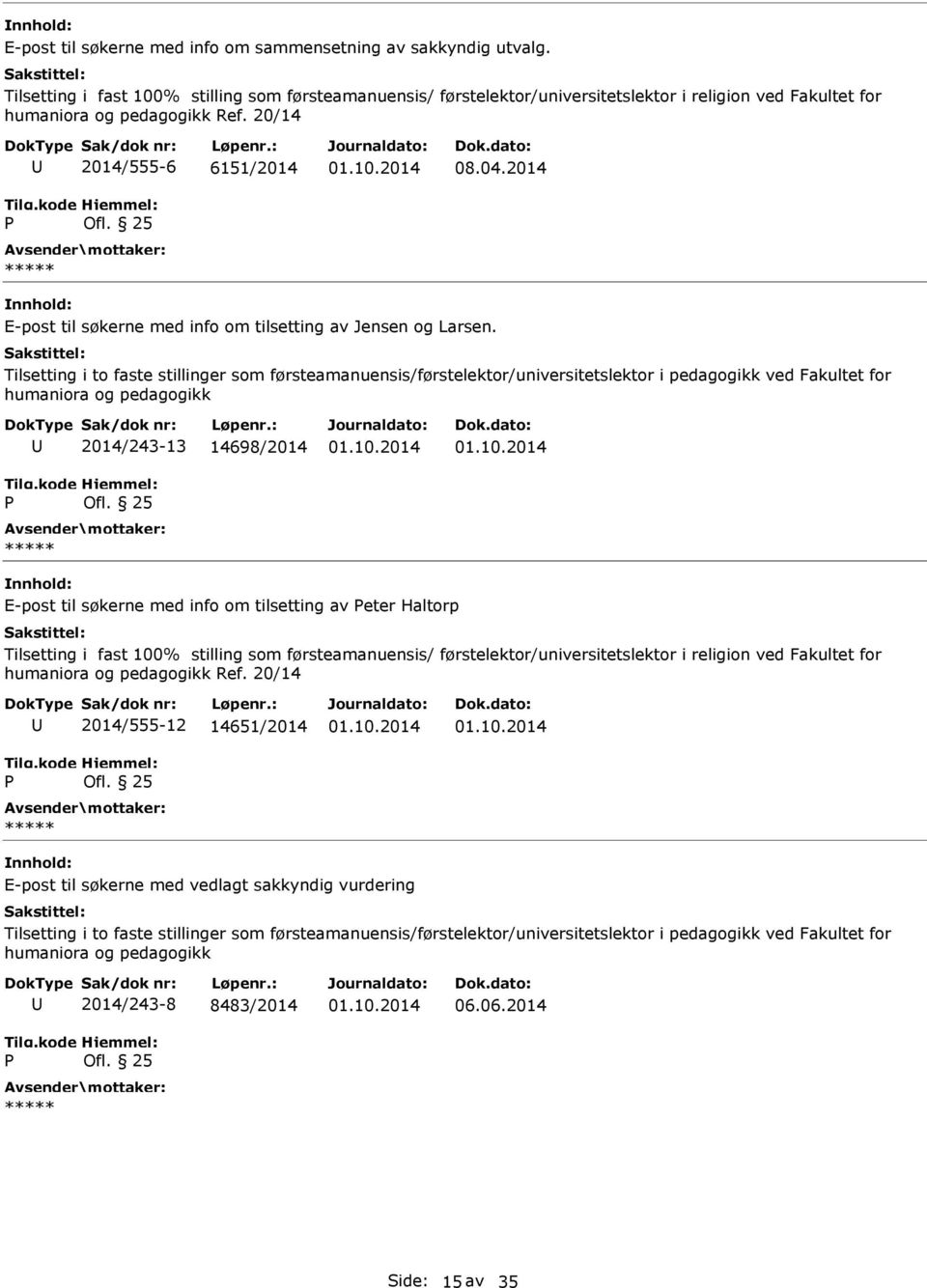 2014 E-post til søkerne med info om tilsetting av Jensen og Larsen.