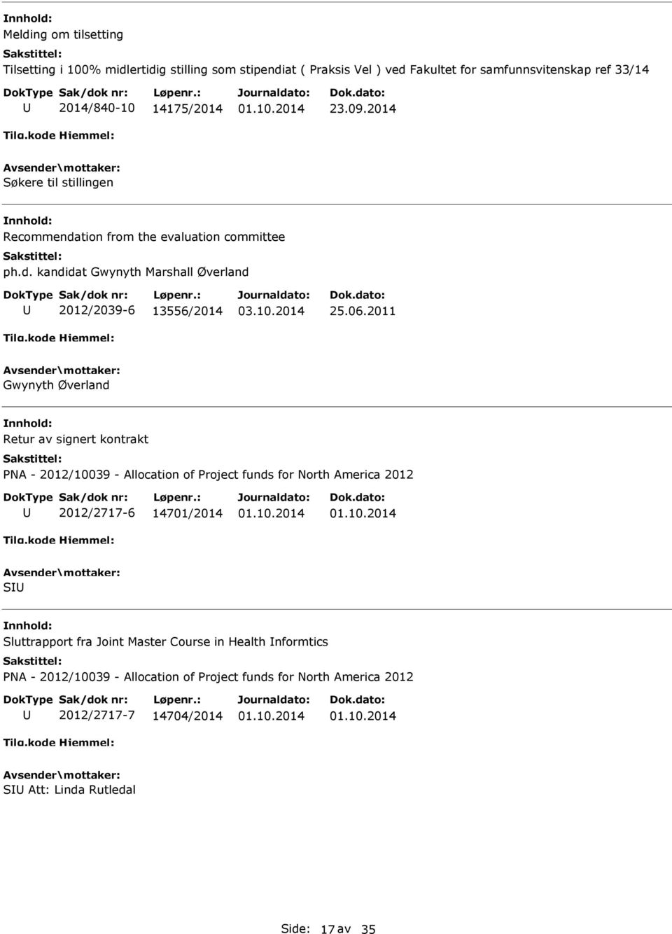 2011 Gwynyth Øverland Retur av signert kontrakt PNA - 2012/10039 - Allocation of Project funds for North America 2012 2012/2717-6 14701/2014 S Sluttrapport fra