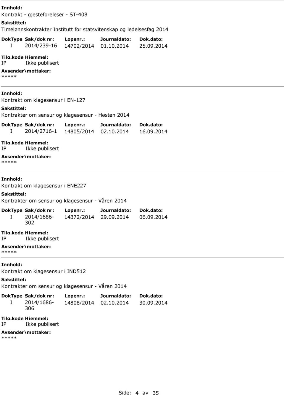 2014 Kontrakt om klagesensur i ENE227 Kontrakter om sensur og klagesensur - Våren 2014 Sak/dok nr: 2014/1686-302 Løpenr.: 14372/2014 06.09.