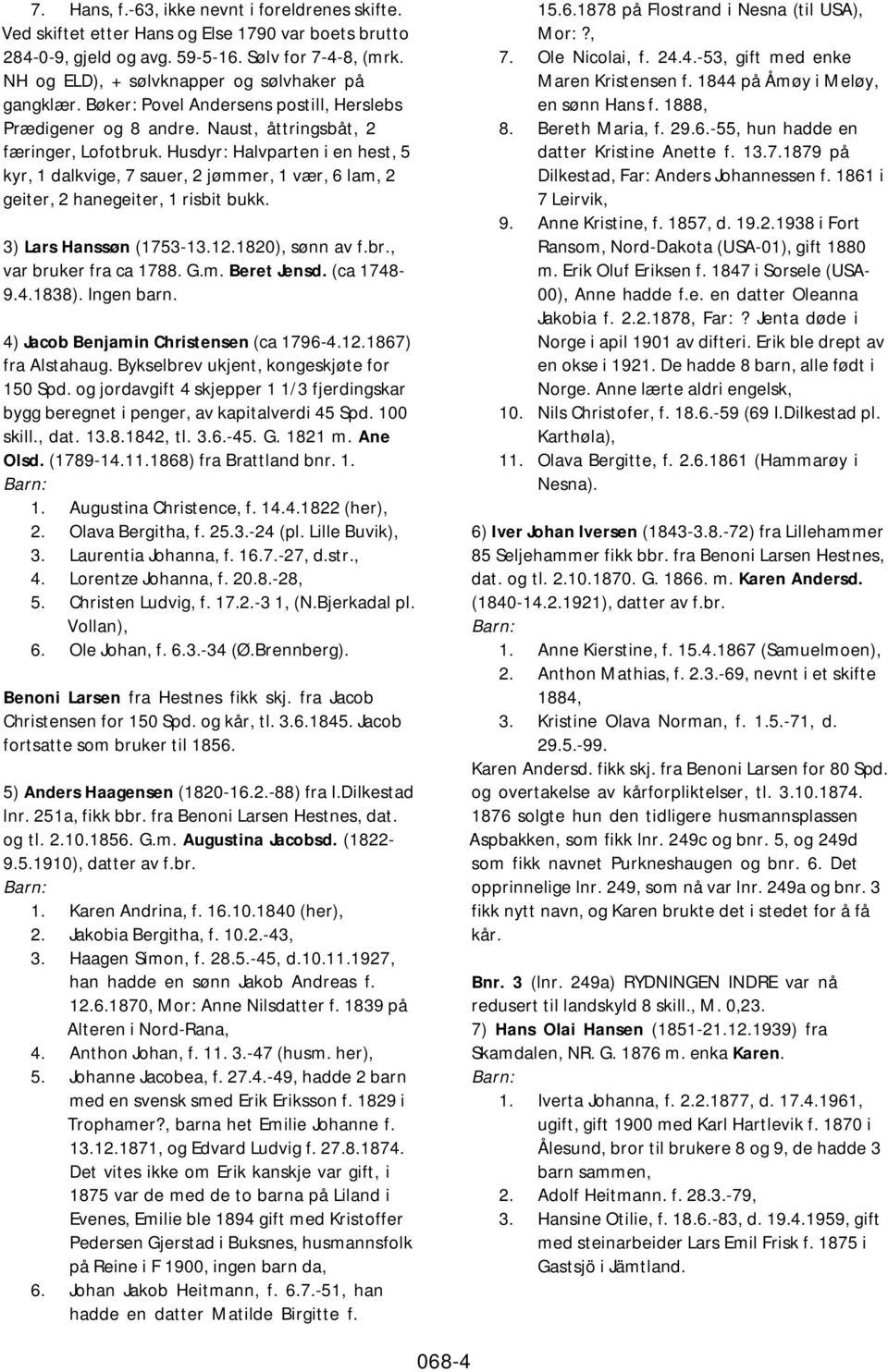 Husdyr: Halvparten i en hest, 5 kyr, 1 dalkvige, 7 sauer, 2 jømmer, 1 vær, 6 lam, 2 geiter, 2 hanegeiter, 1 risbit bukk. 3) Lars Hanssøn (1753-13.12.1820), sønn av f.br., var bruker fra ca 1788. G.m. Beret Jensd.