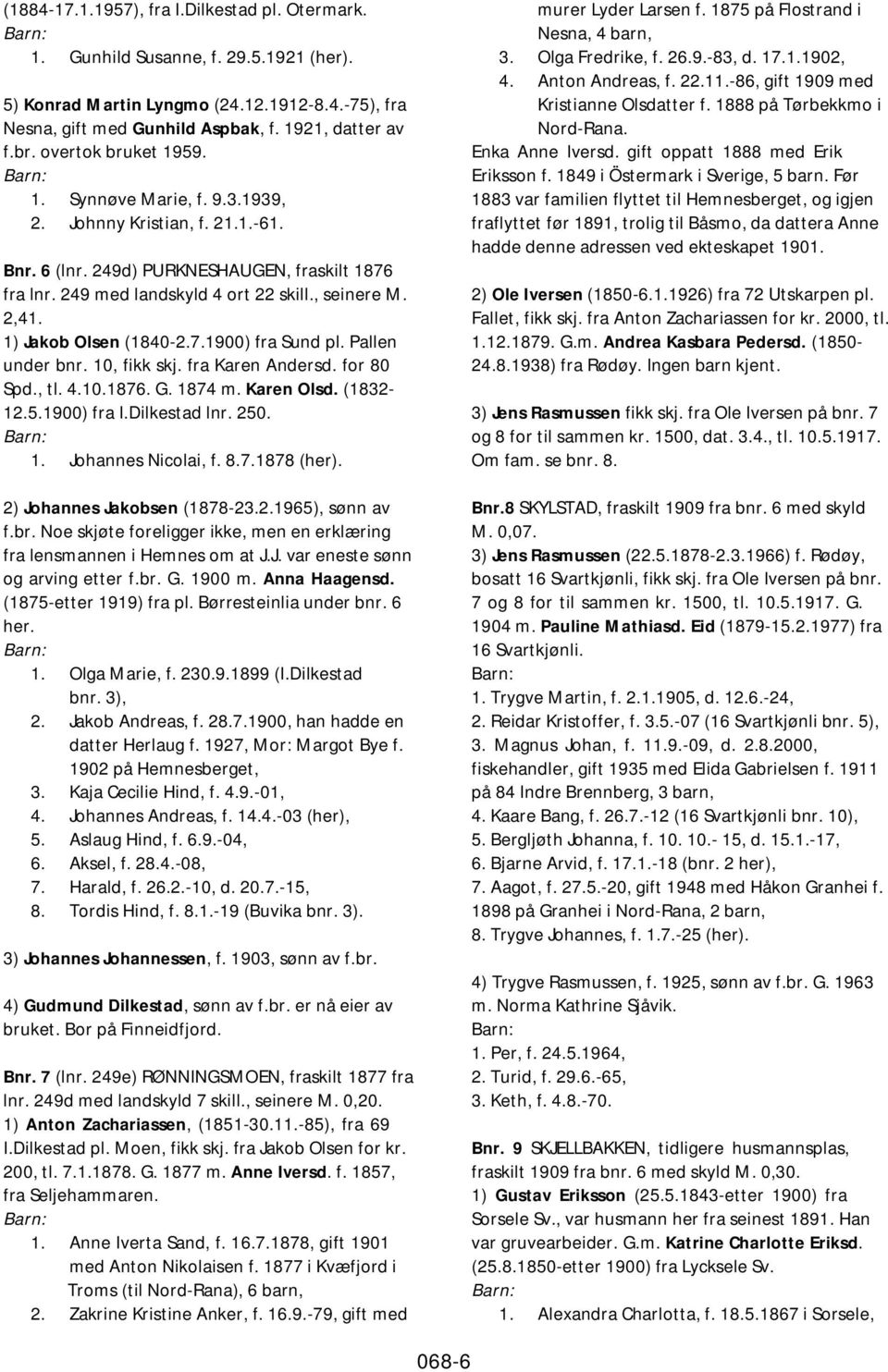 1) Jakob Olsen (1840-2.7.1900) fra Sund pl. Pallen under bnr. 10, fikk skj. fra Karen Andersd. for 80 Spd., tl. 4.10.1876. G. 1874 m. Karen Olsd. (1832-12.5.1900) fra I.Dilkestad lnr. 250. 1. Johannes Nicolai, f.