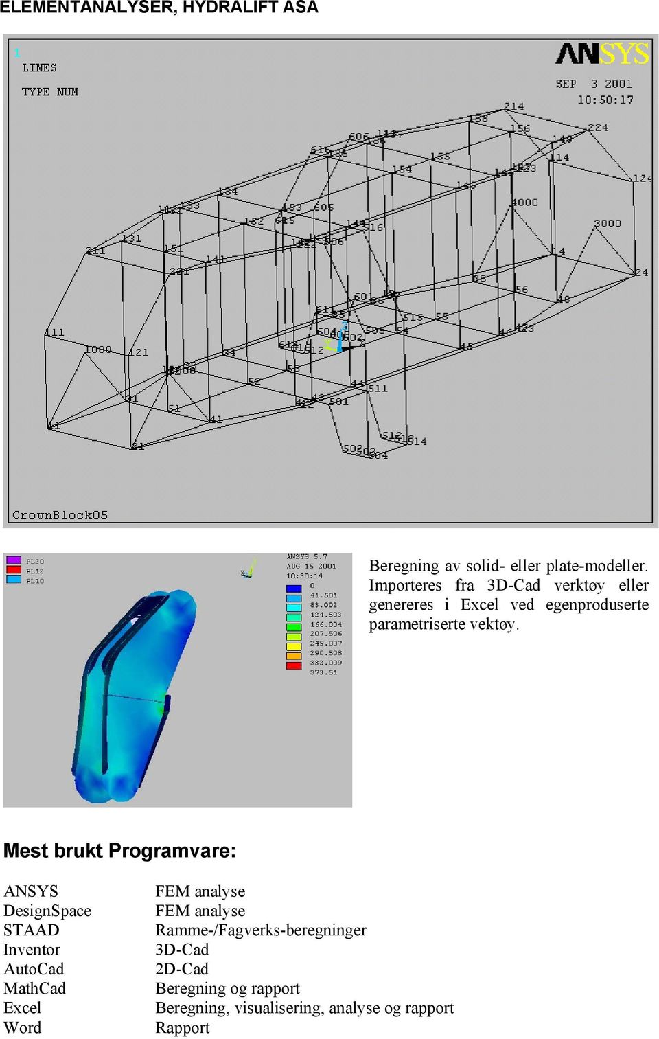 Mest brukt Programvare: ANSYS DesignSpace STAAD Inventor AutoCad MathCad Excel Word FEM analyse