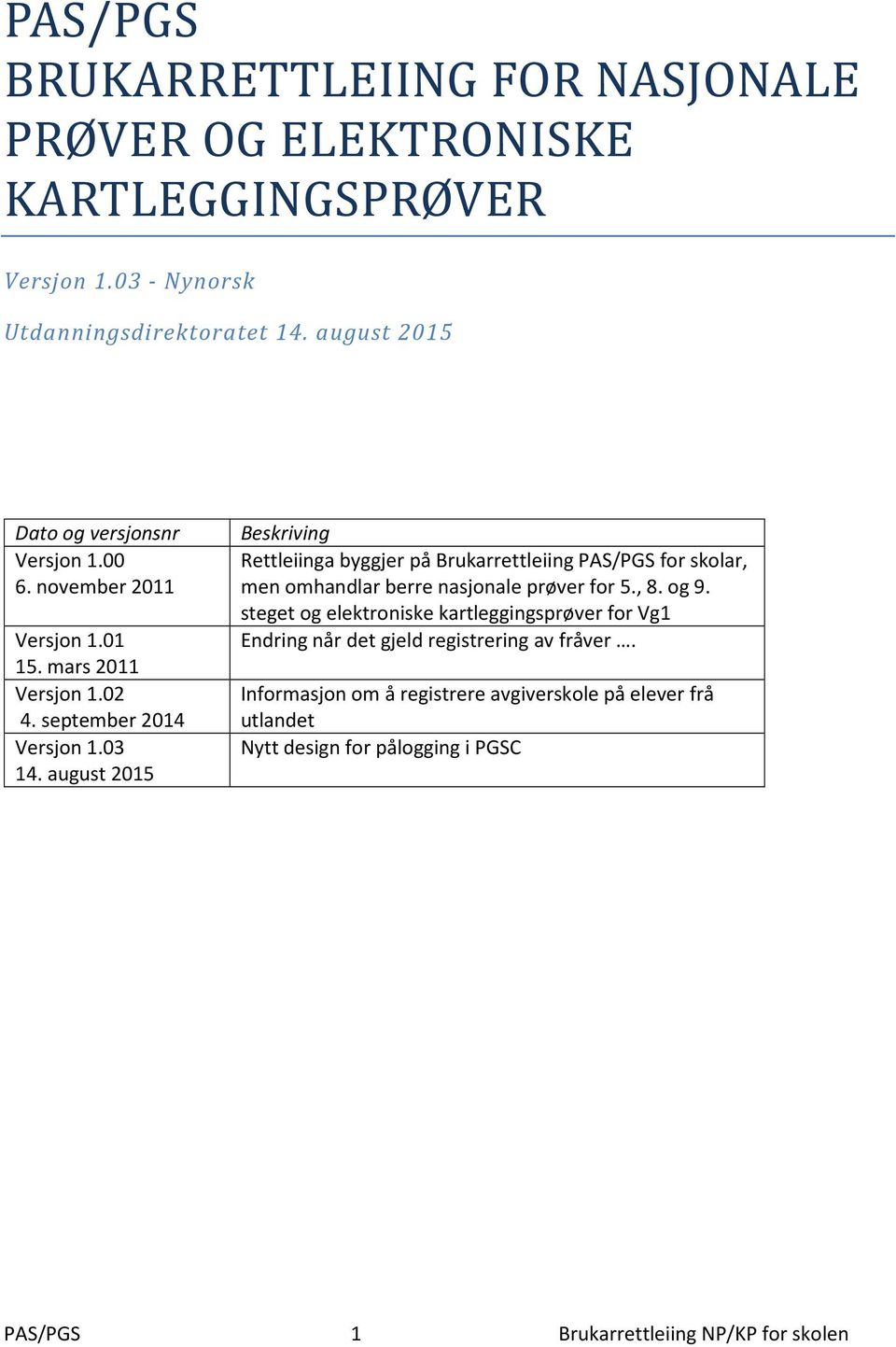 august 2015 Beskriving Rettleiinga byggjer på Brukarrettleiing PAS/PGS for skolar, men omhandlar berre nasjonale prøver for 5., 8. og 9.