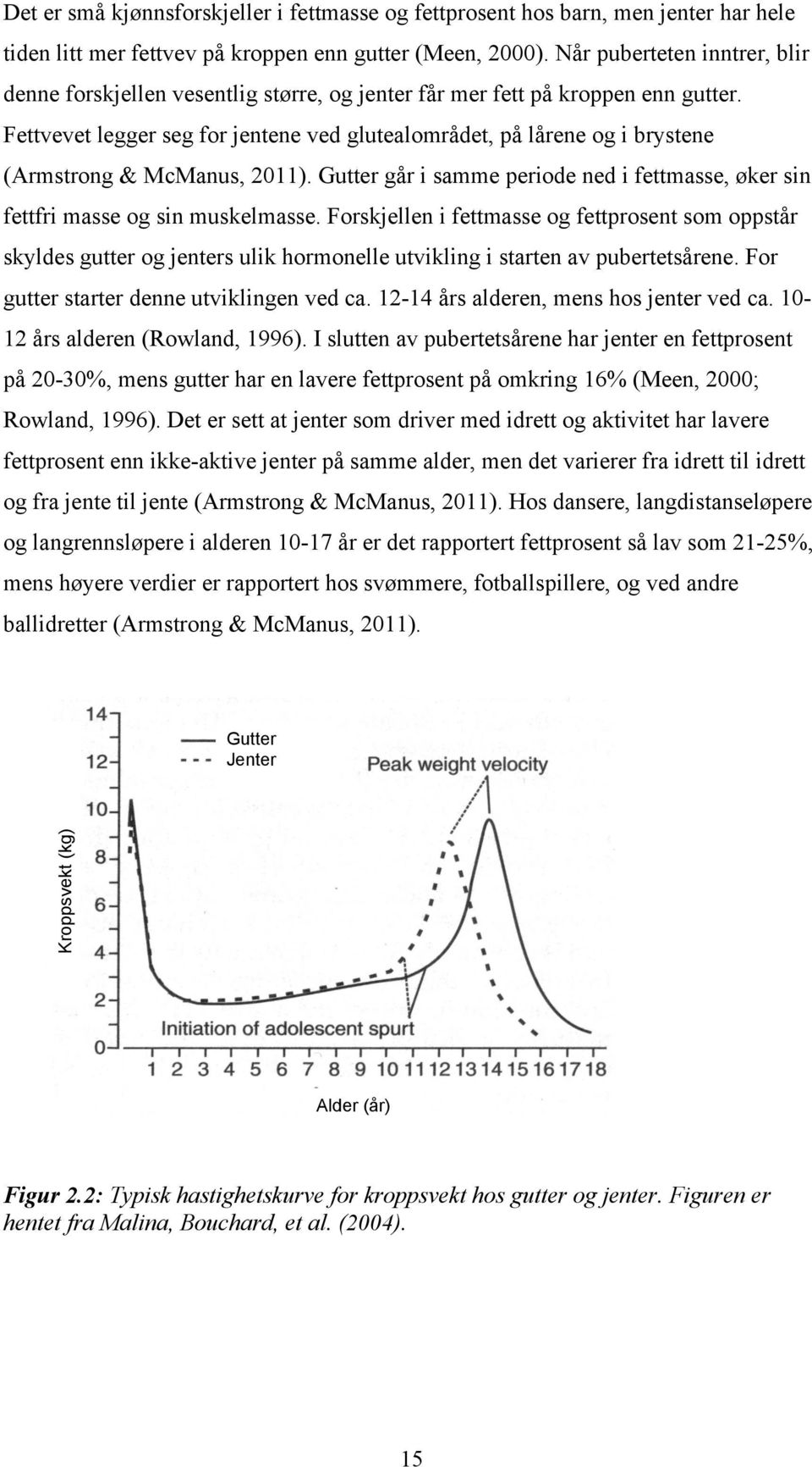 Fettvevet legger seg for jentene ved glutealområdet, på lårene og i brystene (Armstrong & McManus, 2011). Gutter går i samme periode ned i fettmasse, øker sin fettfri masse og sin muskelmasse.