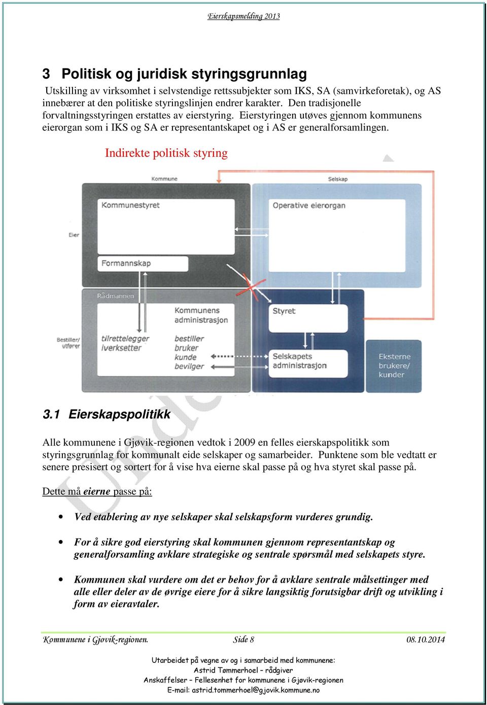 Indirekte politisk styring 3.1 Eierskapspolitikk Alle kommunene i Gjøvik-regionen vedtok i 2009 en felles eierskapspolitikk som styringsgrunnlag for kommunalt eide selskaper og samarbeider.