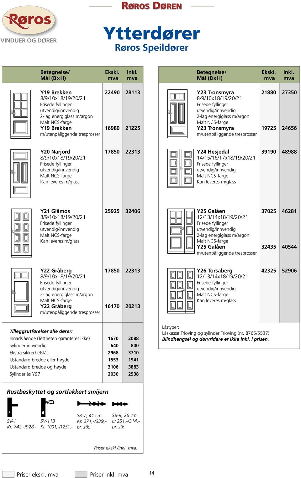 Mål (BxH) mva mva Y23 Tronsmyra 21880 27350 2-lag energiglass m/argon Y23 Tronsmyra 19725 24656 m/utenpåliggende tresprosser Y20 Narjord 17850 22313 Kan leveres m/glass Y24 Hesjedal 39190 48988