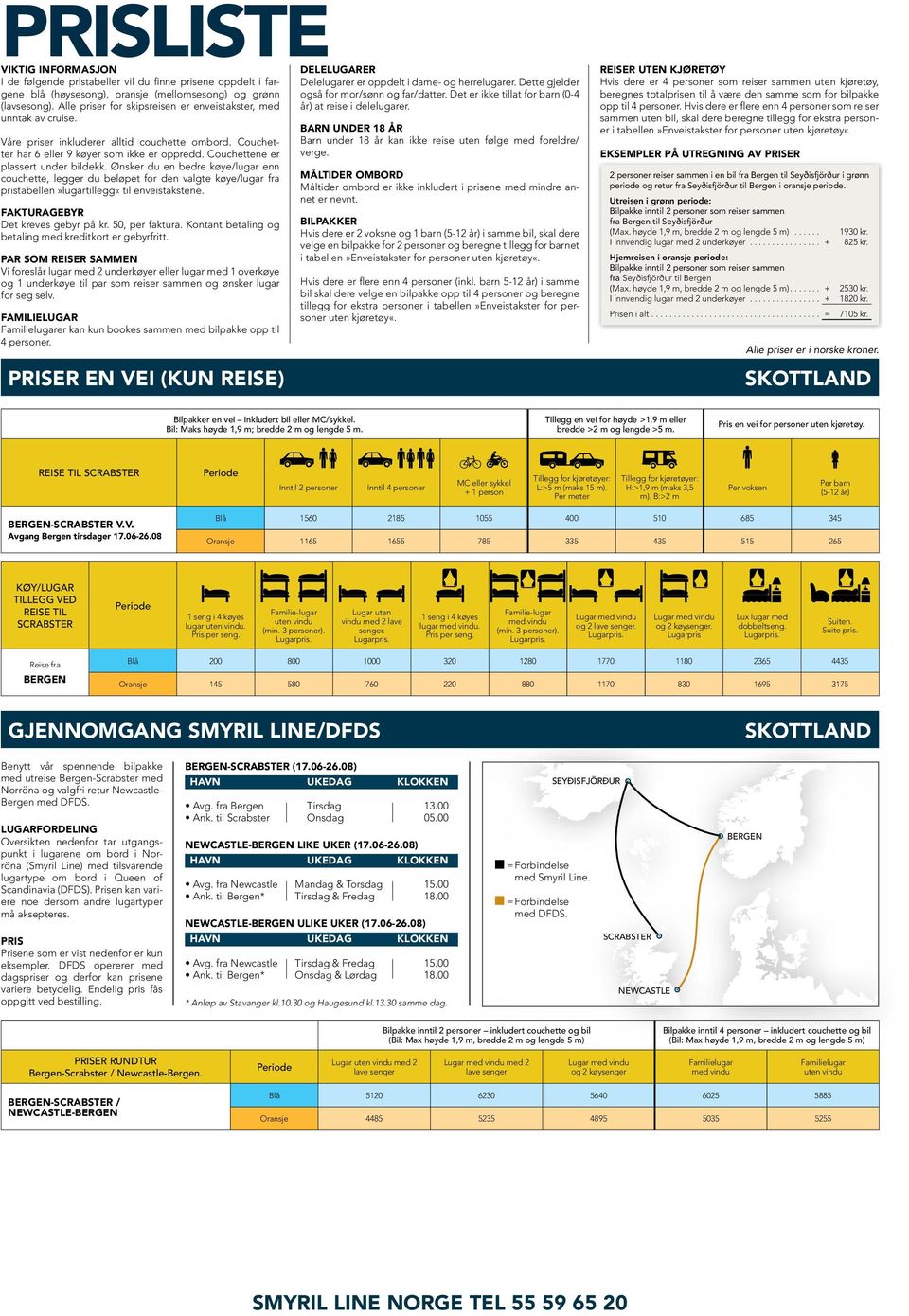 Couchettene er plassert under bildekk. Ønsker du en bedre køye/lugar enn couchette, legger du beløpet for den valgte køye/lugar fra pristabellen»lugartillegg«til enveistakstene.