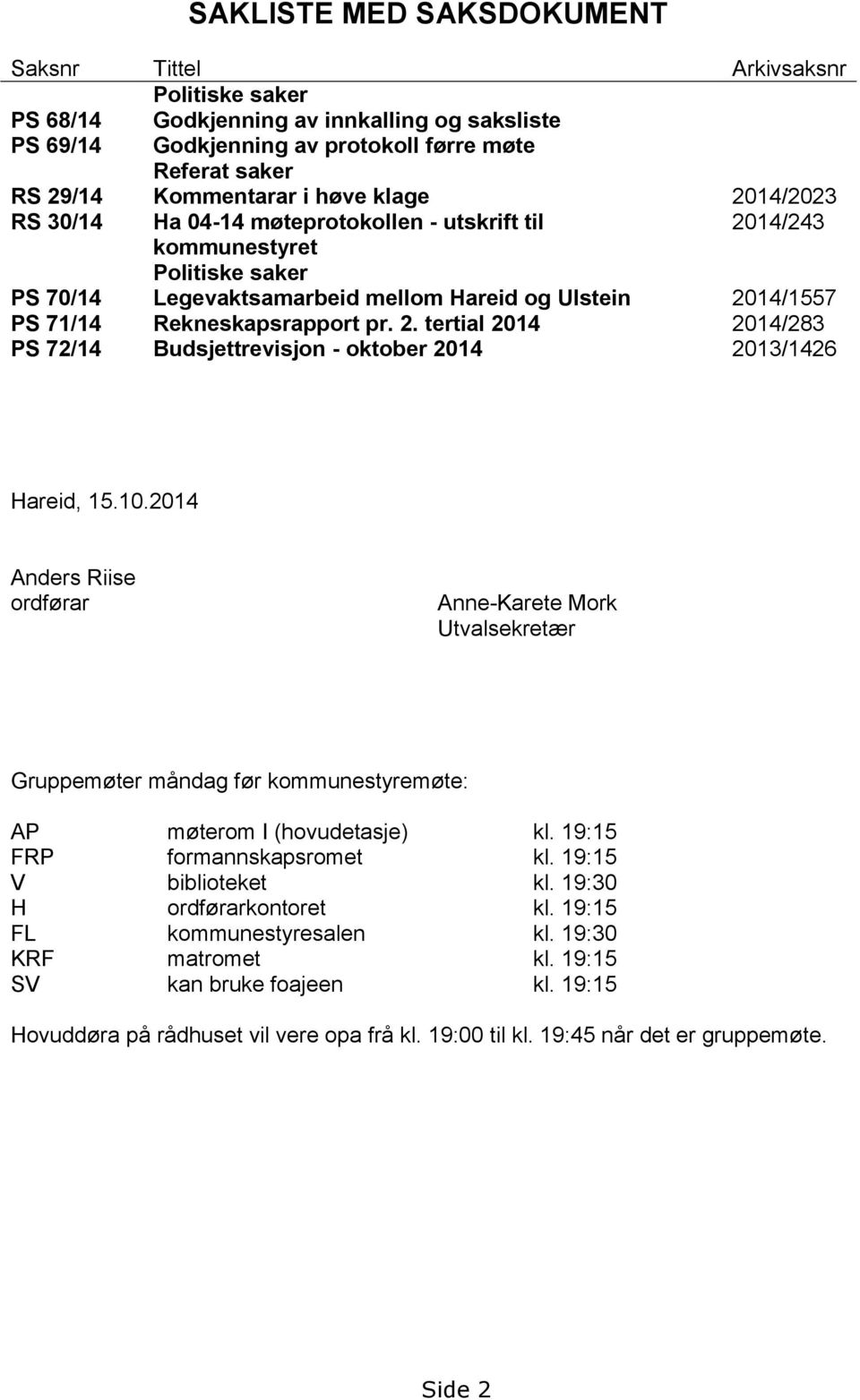 pr. 2. tertial 2014 2014/283 PS 72/14 Budsjettrevisjon - oktober 2014 2013/1426 Hareid, 15.10.