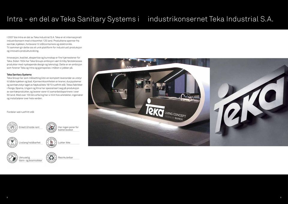 Innovasjon, kvalitet, ekspertise og kunnskap er fire hjørnestener for Teka. Siden 1924 har Teka Groups ambisjon vært å tilby førsteklasses produkter med nyskapende design og teknologi.
