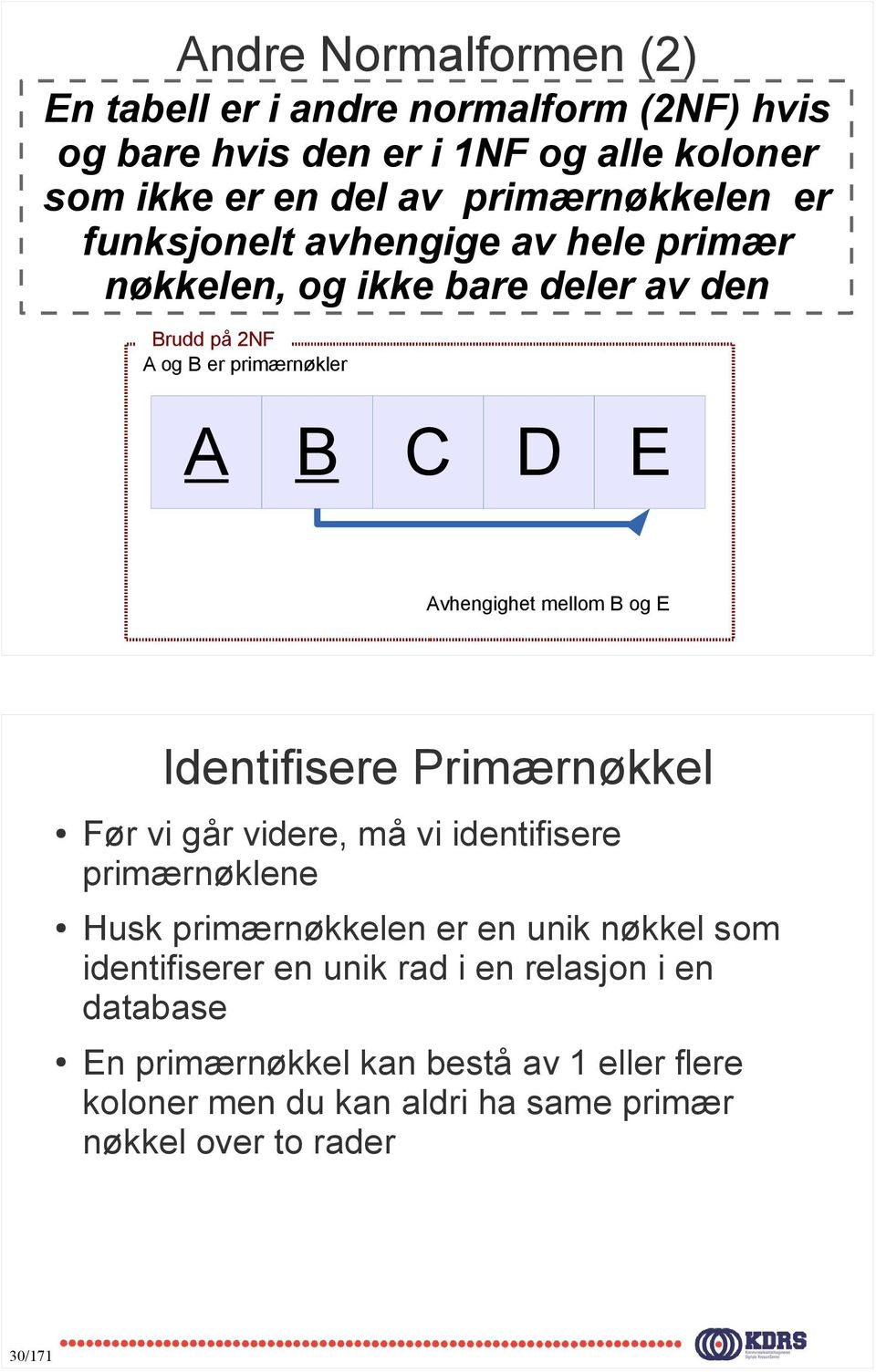 og E 29/7 Identifisere Primærnøkkel 30/7 Før vi går videre, må vi identifisere primærnøklene Husk primærnøkkelen er en unik nøkkel som