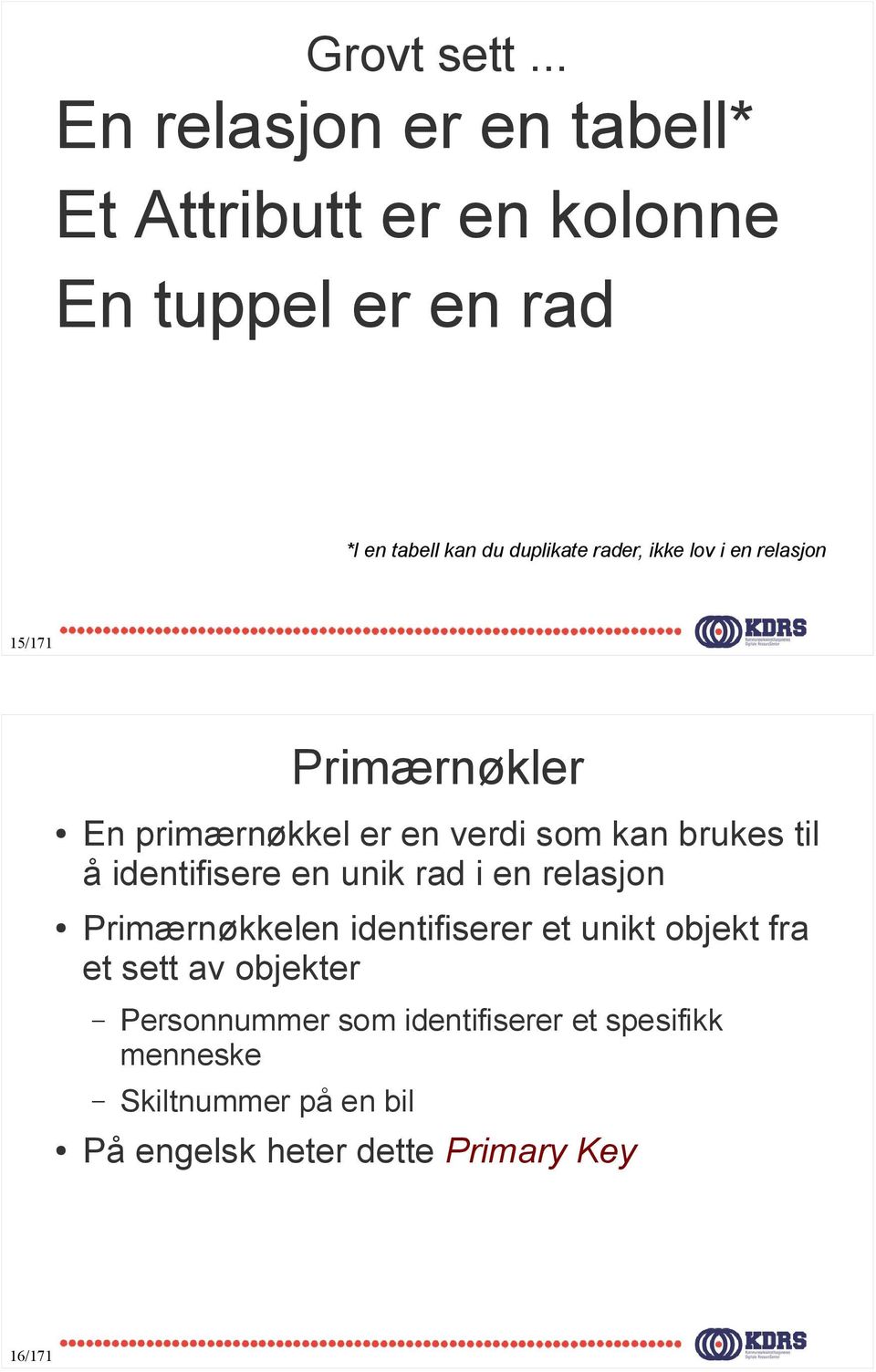 rader, ikke lov i en relasjon 5/7 Primærnøkler 6/7 En primærnøkkel er en verdi som kan brukes til å