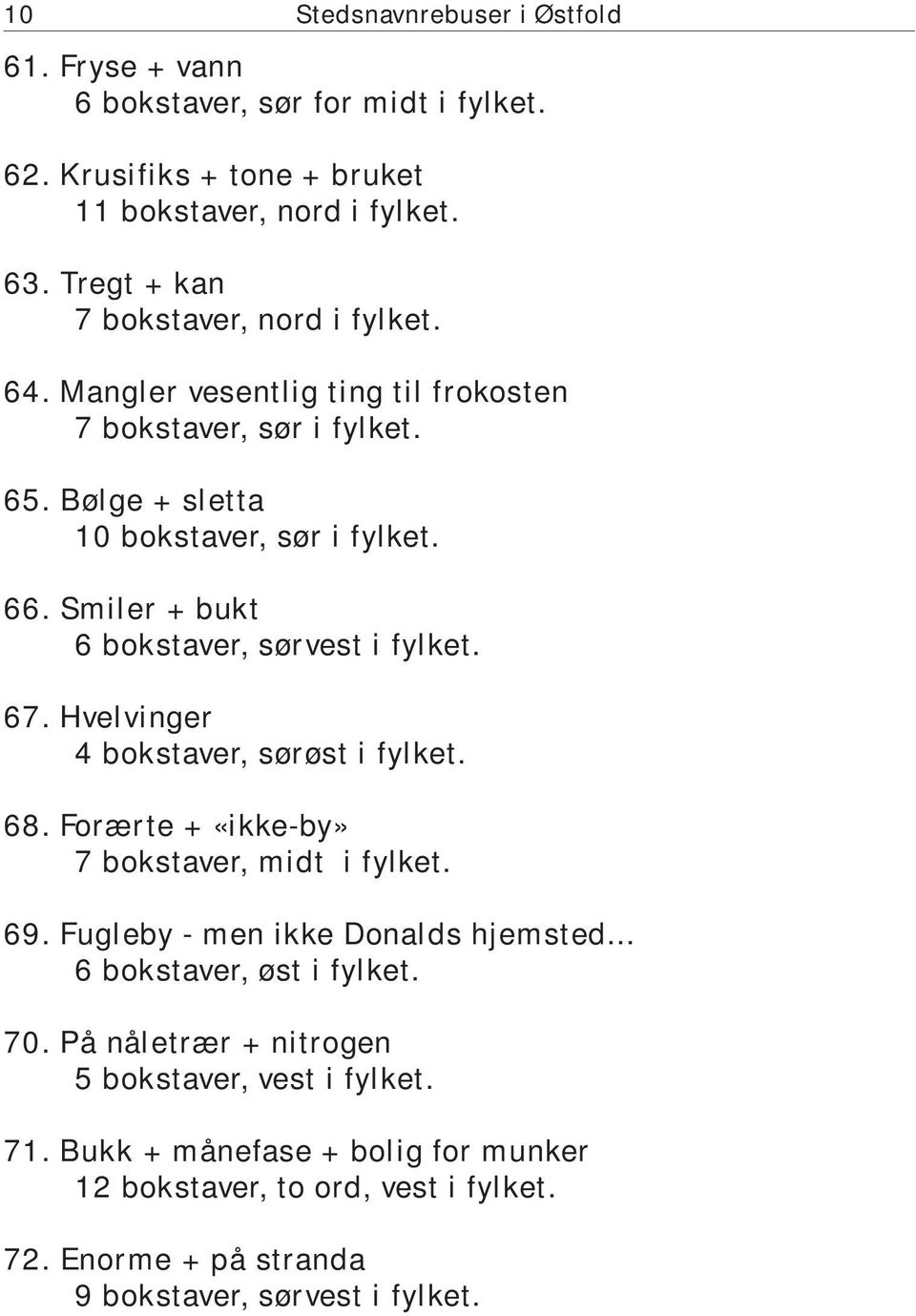 Smiler + bukt 6 bokstaver, sørvest i fylket. 67. Hvelvinger 4 bokstaver, sørøst i fylket. 68. Forærte + «ikke-by» 7 bokstaver, midt i fylket. 69.