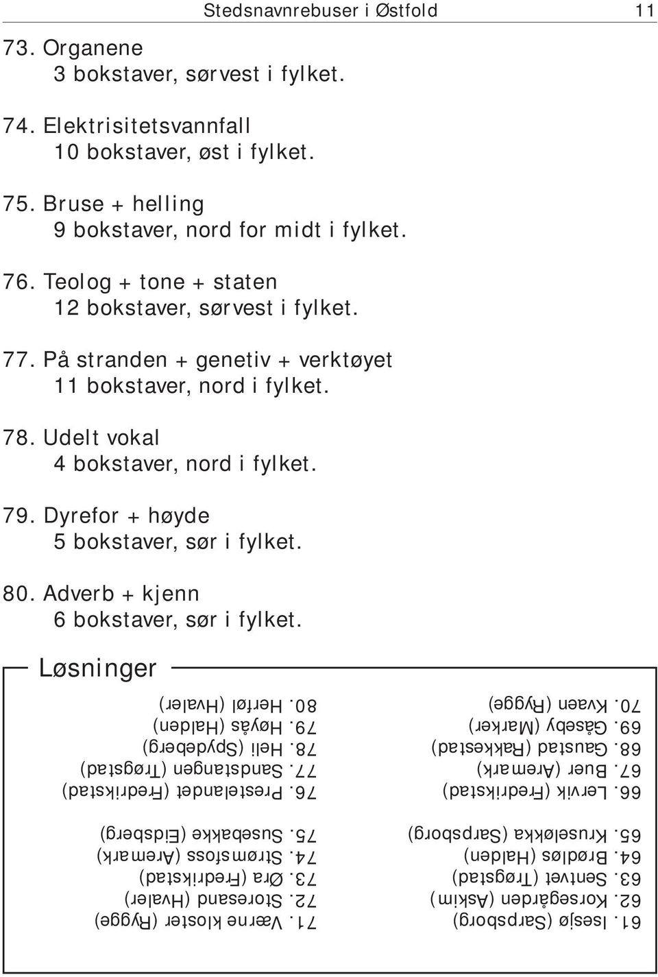 Dyrefor + høyde 5 bokstaver, sør i fylket. 80. Adverb + kjenn 6 bokstaver, sør i fylket. Løsninger 61. Isesjø (Sarpsborg) 62. Korsegården (Askim) 63. Sentvet (Trøgstad) 64. Brødløs (Halden) 65.