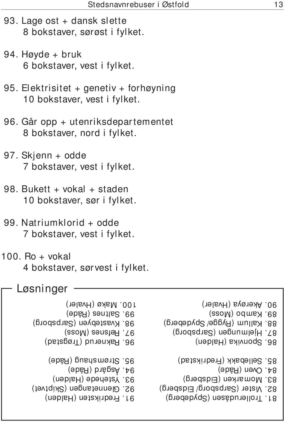 Bukett + vokal + staden 10 bokstaver, sør i fylket. 99. Natriumklorid + odde 7 bokstaver, vest i fylket. 100. Ro + vokal 4 bokstaver, sørvest i fylket. Løsninger 81. Trollerudåsen (Spydeberg) 82.