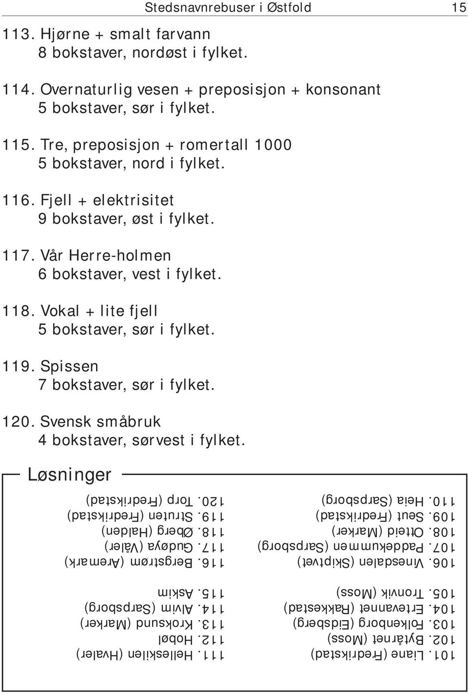 Vokal + lite fjell 5 bokstaver, sør i fylket. 119. Spissen 7 bokstaver, sør i fylket. 120. Svensk småbruk 4 bokstaver, sørvest i fylket. Løsninger 101. Liane (Fredrikstad) 102. Bytårnet (Moss) 103.