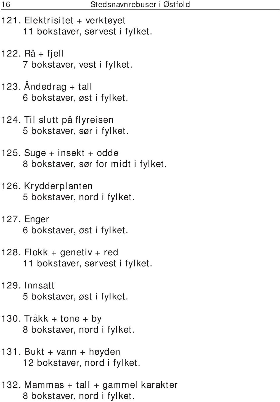 Krydderplanten 5 bokstaver, nord i fylket. 127. Enger 6 bokstaver, øst i fylket. 128. Flokk + genetiv + red 11 bokstaver, sørvest i fylket. 129.