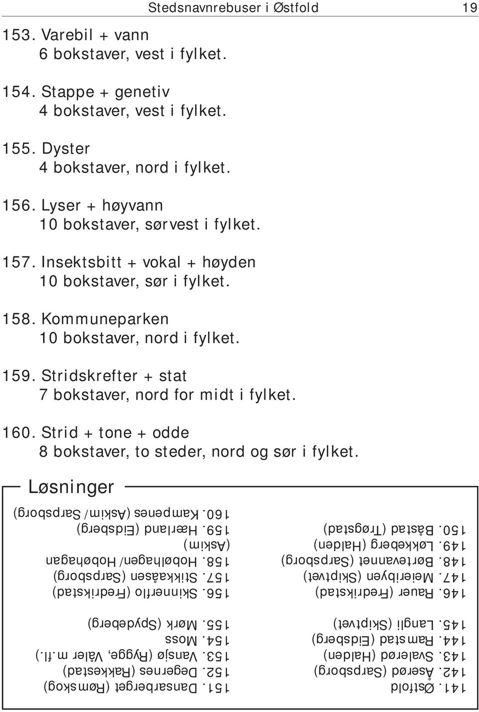 Stridskrefter + stat 7 bokstaver, nord for midt i fylket. 160. Strid + tone + odde 8 bokstaver, to steder, nord og sør i fylket. Løsninger 141. Østfold 142. Åserød (Sarpsborg) 143.