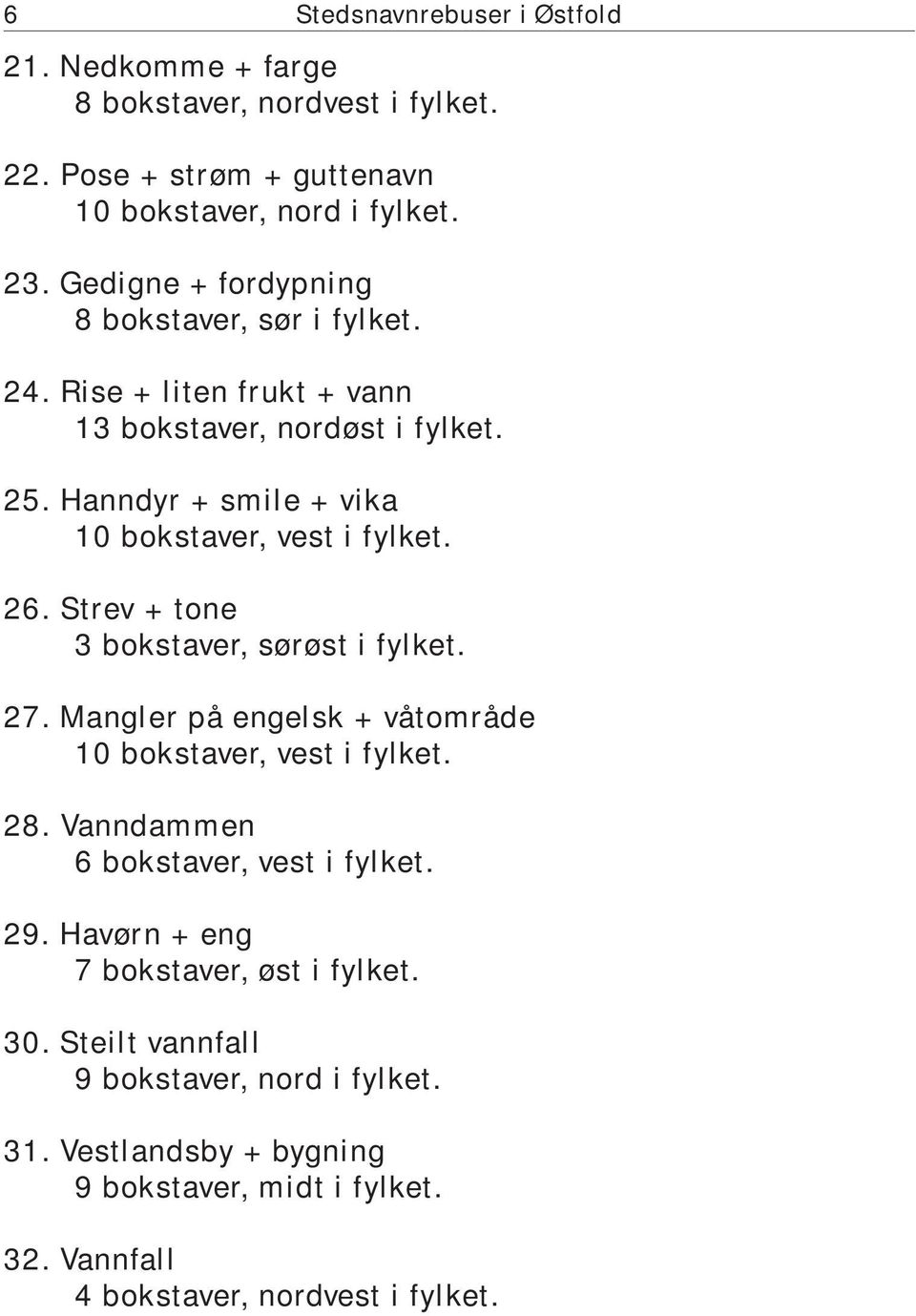 Hanndyr + smile + vika 10 bokstaver, vest i fylket. 26. Strev + tone 3 bokstaver, sørøst i fylket. 27. Mangler på engelsk + våtområde 10 bokstaver, vest i fylket.