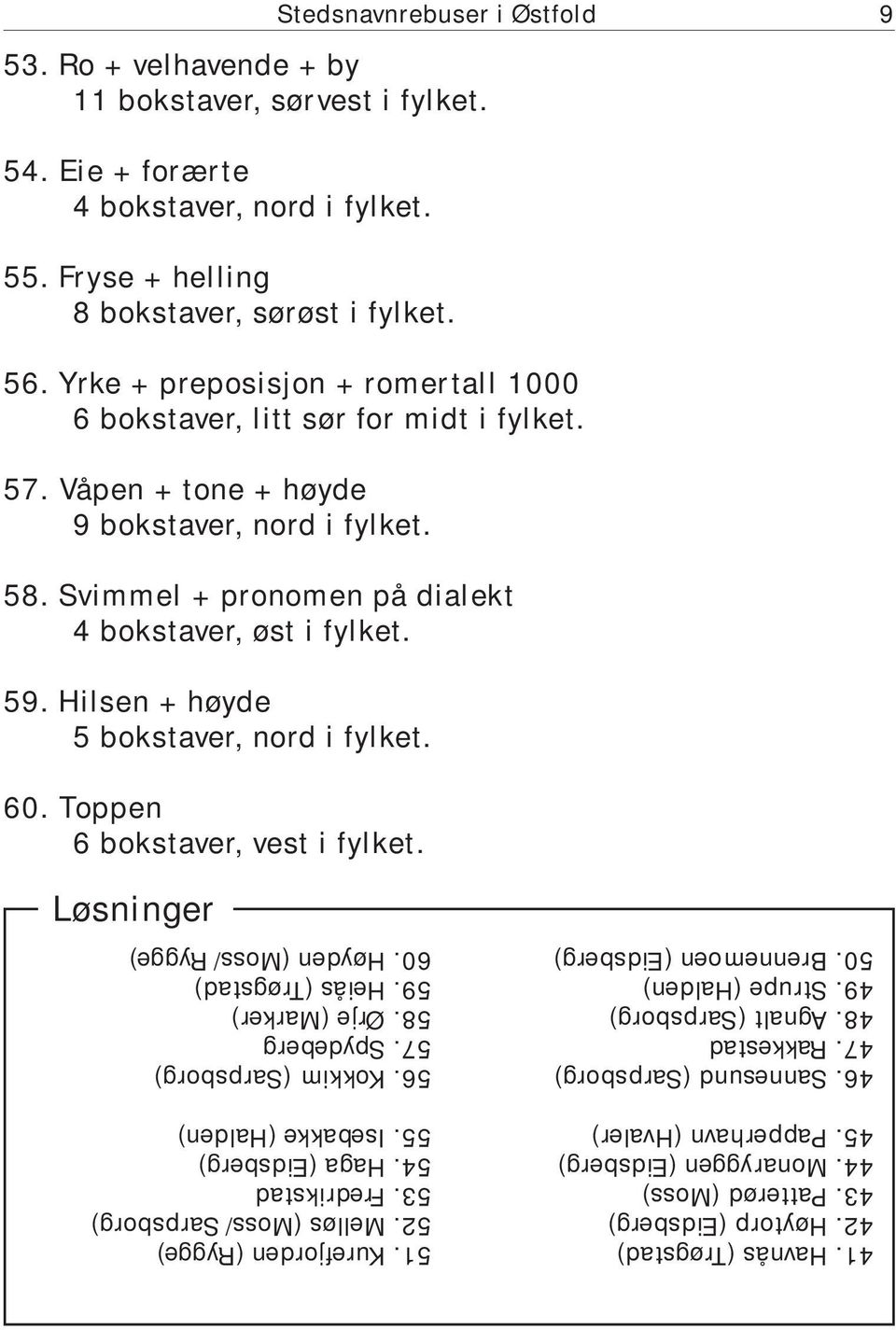 Hilsen + høyde 5 bokstaver, nord i fylket. 60. Toppen 6 bokstaver, vest i fylket. Løsninger 41. Havnås (Trøgstad) 42. Høytorp (Eidsberg) 43. Patterød (Moss) 44. Monaryggen (Eidsberg) 45.