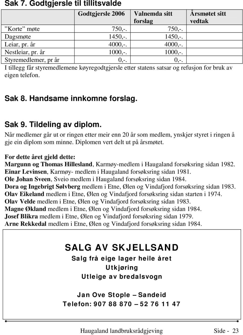 Tildeling av diplom. Når medlemer går ut or ringen etter meir enn 20 år som medlem, ynskjer styret i ringen å gje ein diplom som minne. Diplomen vert delt ut på årsmøtet.