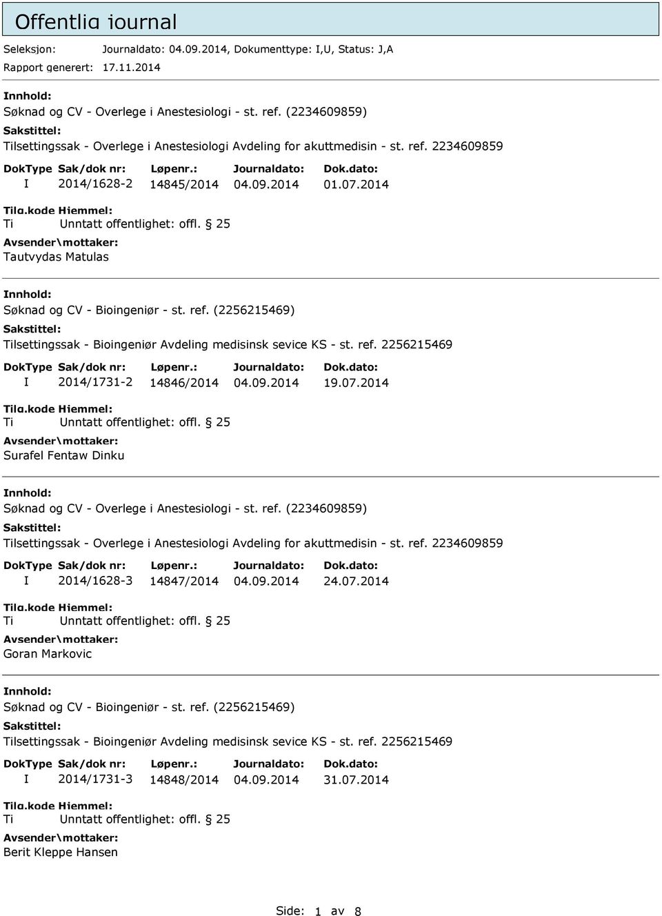 2256215469 2014/1731-2 14846/2014 Surafel Fentaw Dinku 19.07.2014 nnhold: lsettingssak - Overlege i Anestesiologi Avdeling for akuttmedisin - st. ref.