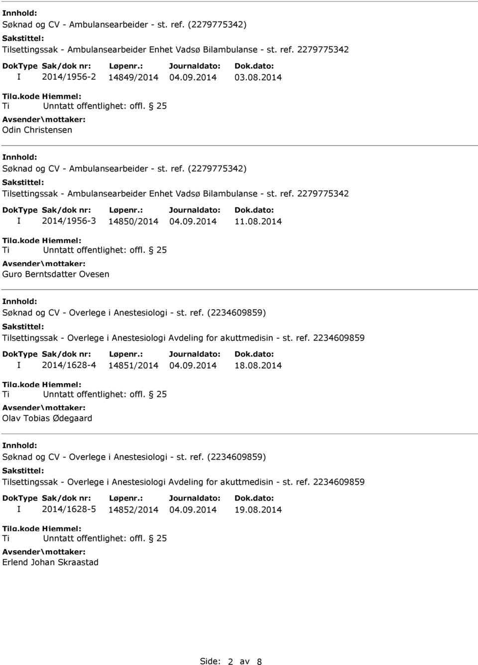 2014 nnhold: lsettingssak - Overlege i Anestesiologi Avdeling for akuttmedisin - st. ref. 2234609859 2014/1628-4 14851/2014 Olav Tobias Ødegaard 18.08.