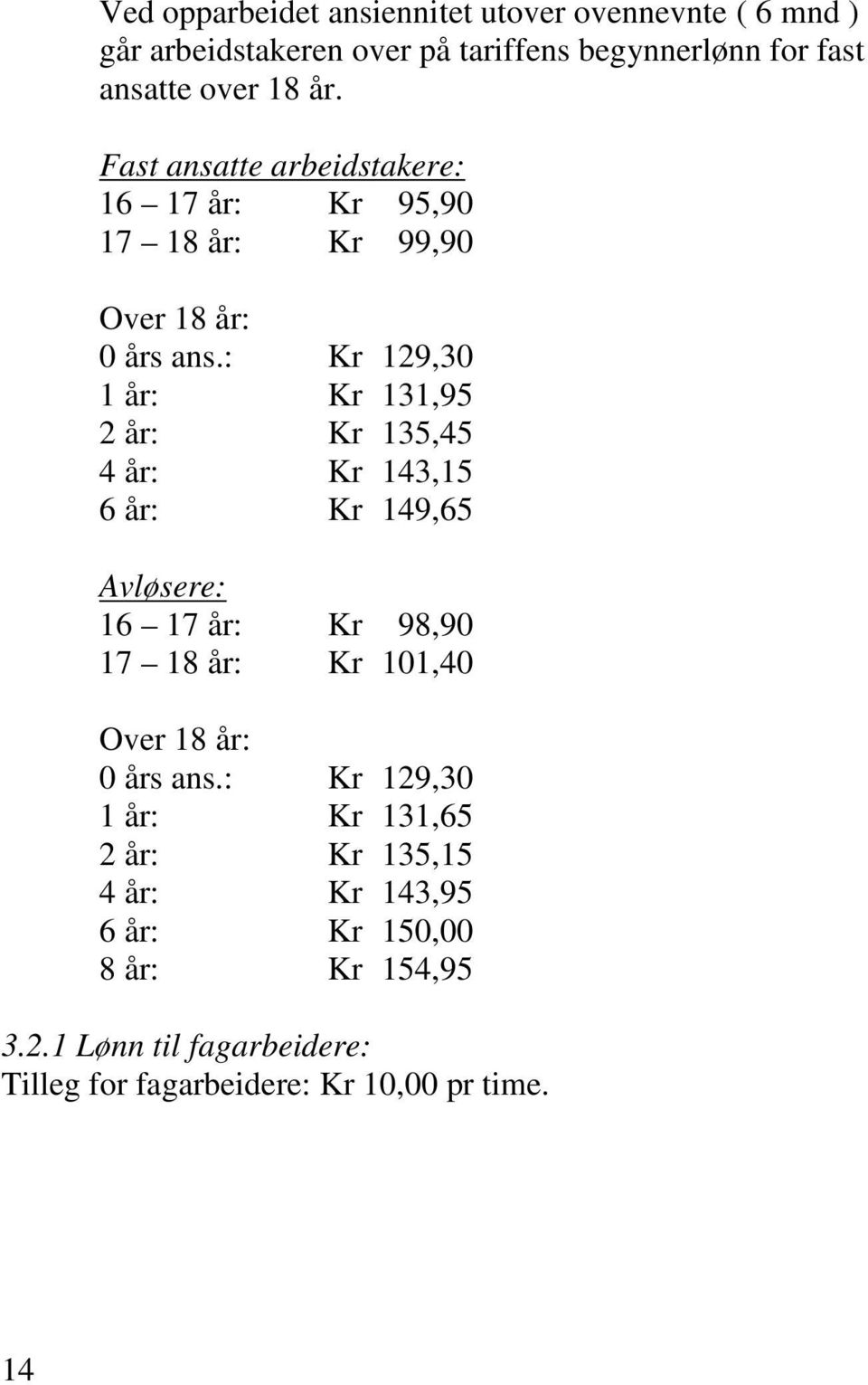 : Kr 129,30 1 år: Kr 131,95 2 år: Kr 135,45 4 år: Kr 143,15 6 år: Kr 149,65 Avløsere: 16 17 år: Kr 98,90 17 18 år: Kr 101,40 Over 18