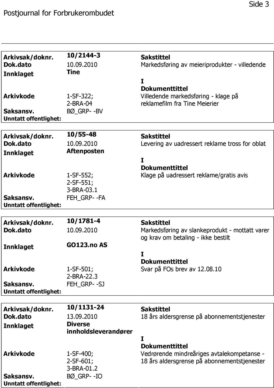 10/55-48 Sakstittel Dok.dato 10.09.2010 Levering av uadressert reklame tross for oblat nnklaget Aftenposten 1-SF-552; 2-SF-551; 3-BRA-03.