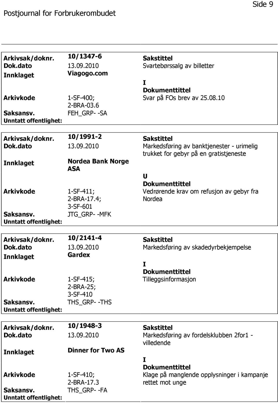 4; 3-SF-601 JTG_GRP- -MFK Vedrørende krav om refusjon av gebyr fra Nordea Arkivsak/doknr. 10/2141-4 Sakstittel Dok.dato 13.09.